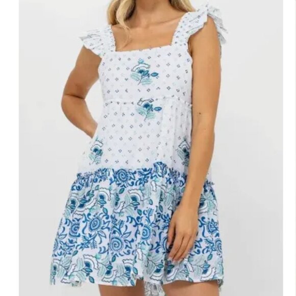 Oliphant Corfu Blue Smocked Square Neck Mini Dress NEW WITH TAGS LARGE - Picture 6 of 9